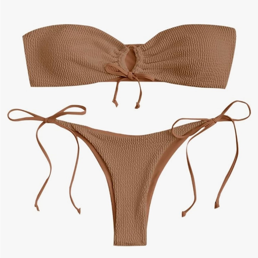 ZAFUL Women's Crinkle Tie Side Bandeau Strapless Two Piece Bikini Set